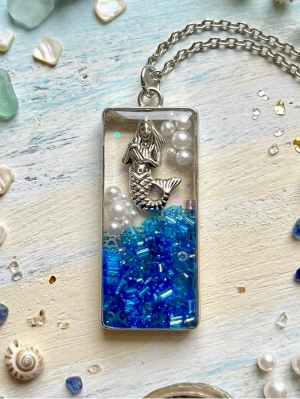 Handmade Mermaid Pendant Necklace with Blue Seed Beads